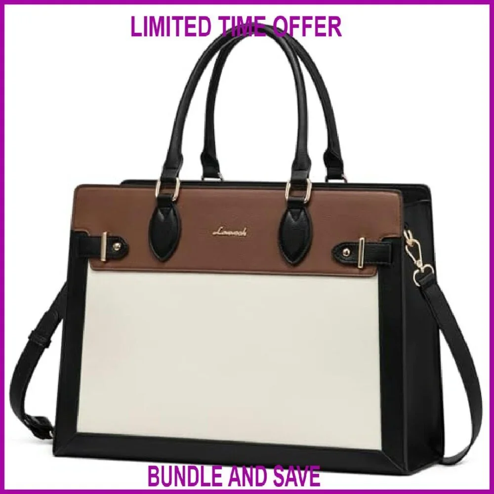 17 Inch Laptop Tote Bag, PU Leather Work Briefcase with Padded Compartment